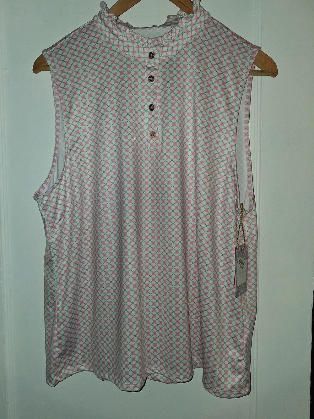 Sleeveless Mock-Neck Tank Top in Pink Geo Print